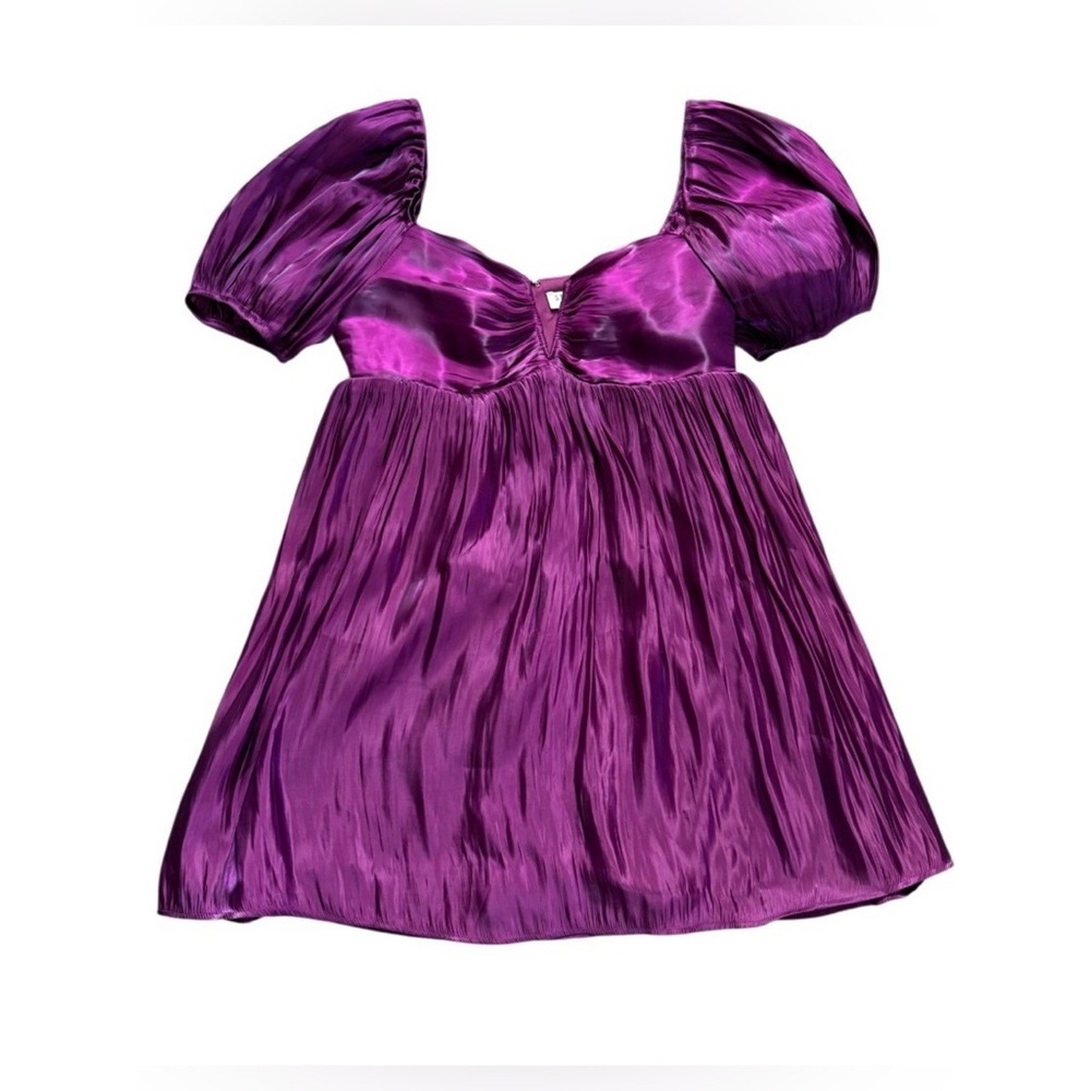 Storia Satin Puff Sleeve Babydoll Mini Dress - Magenta - Medium Coquette Barbie - Picture 2 of 8